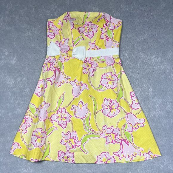 Lilly Pulitzer Dresses & Skirts - Lilly Pulitzer Dress Size 6 Yellow Pink Amberly Strapless Starfruit Day Floral